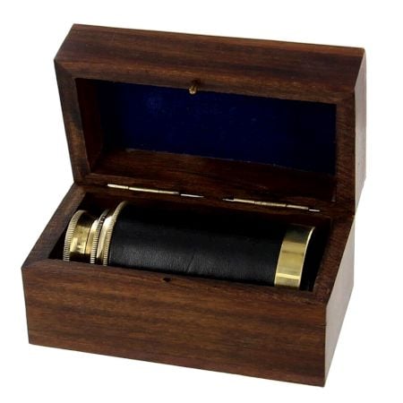 Brass Telescope Black Grip Wooden Box Handcrafted
